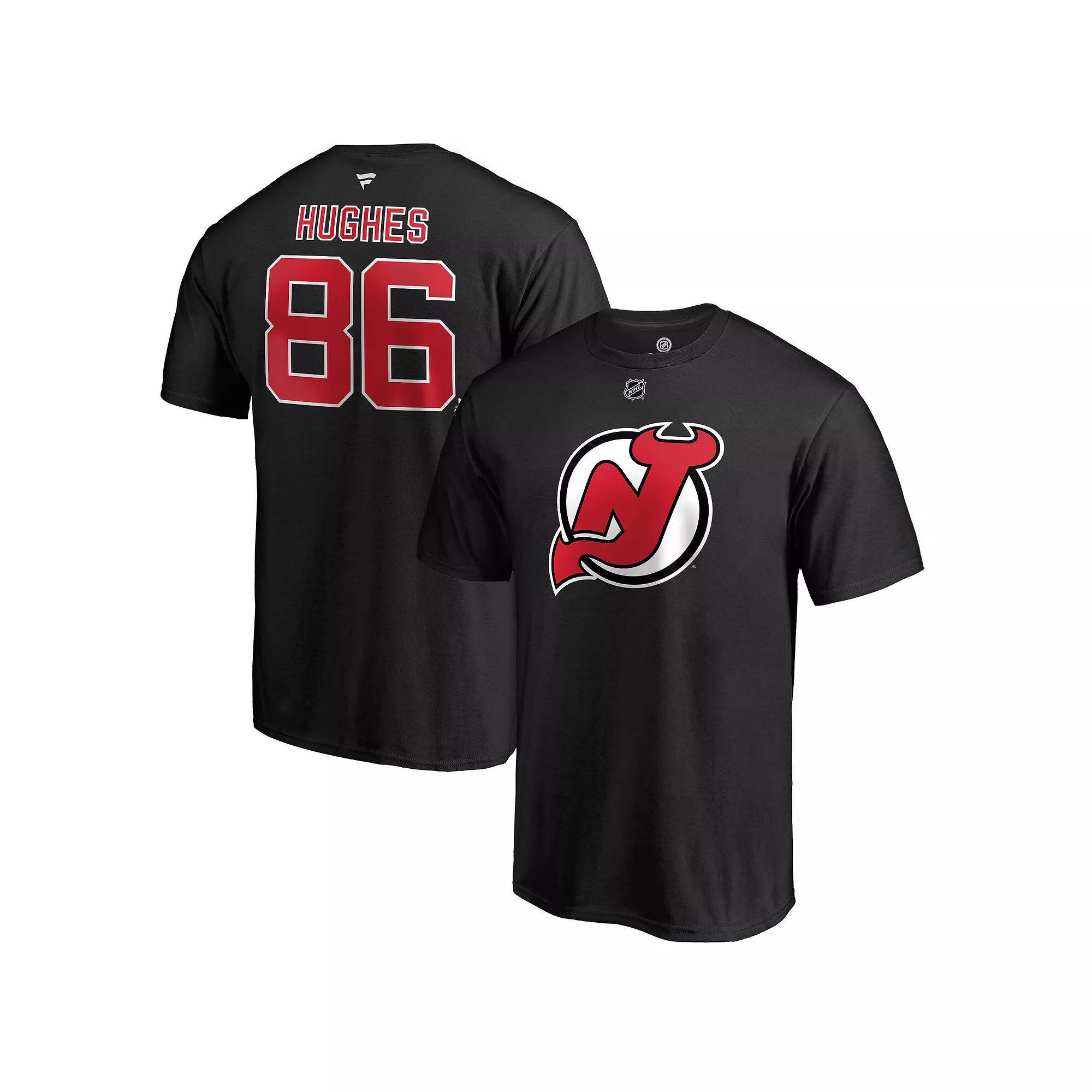 Men's Fanatics Branded Jack Hughes Black New Jersey Devils Authentic Stack Name & Number T-Shirt,  Product Image