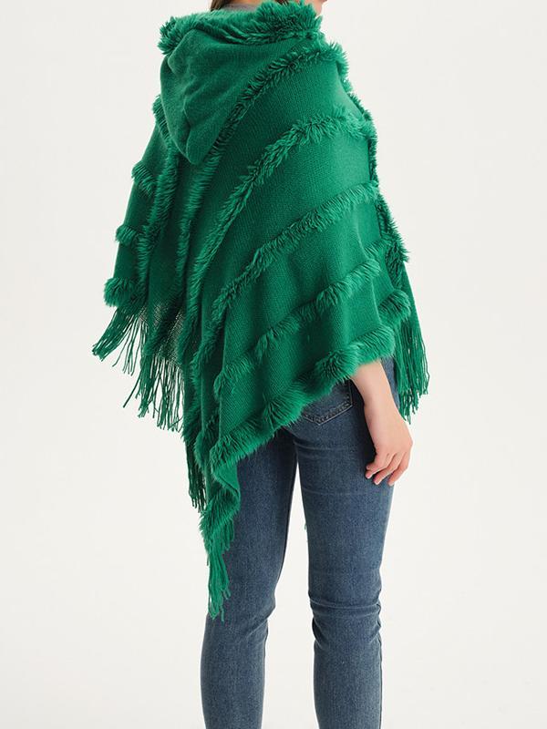 Hooded Keep Warm Solid Color Tasseled Cape Shawl&Cloak Product Image