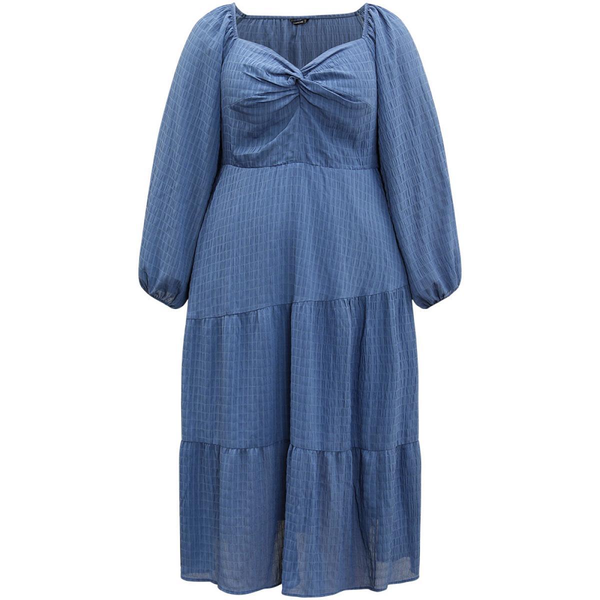 Plus Size Plisse Twist Front Layered Hem Dress Cerulean Women Elegant Elastic cuffs Square Neck Long Sleeve Curvy Midi Dress BloomChic 12/L Product Image
