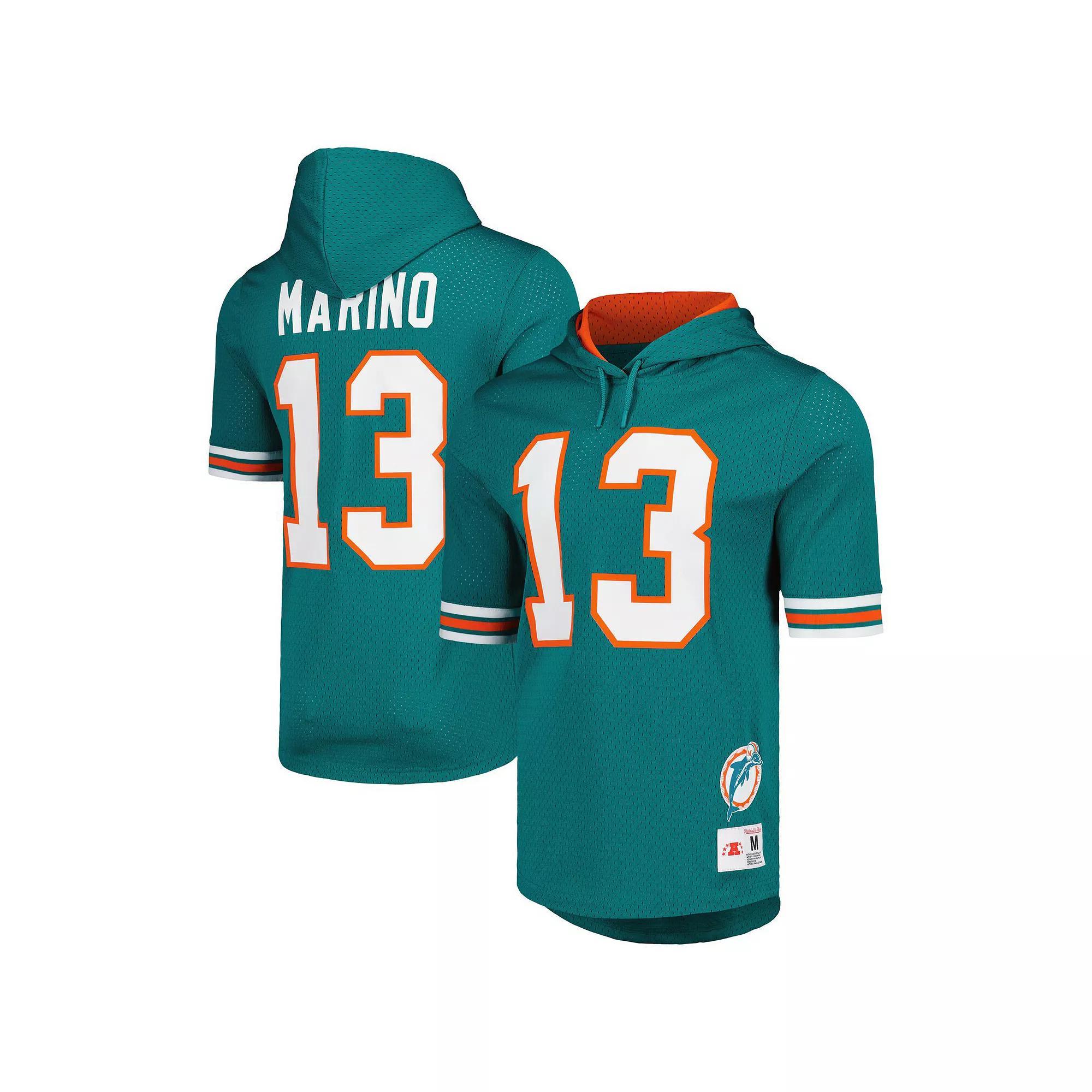Men's Mitchell & Ness Dan Marino Aqua Miami Dolphins Retired Player Name & Number Mesh Hoodie T-Shirt, Size: Large, Turquoise A Product Image