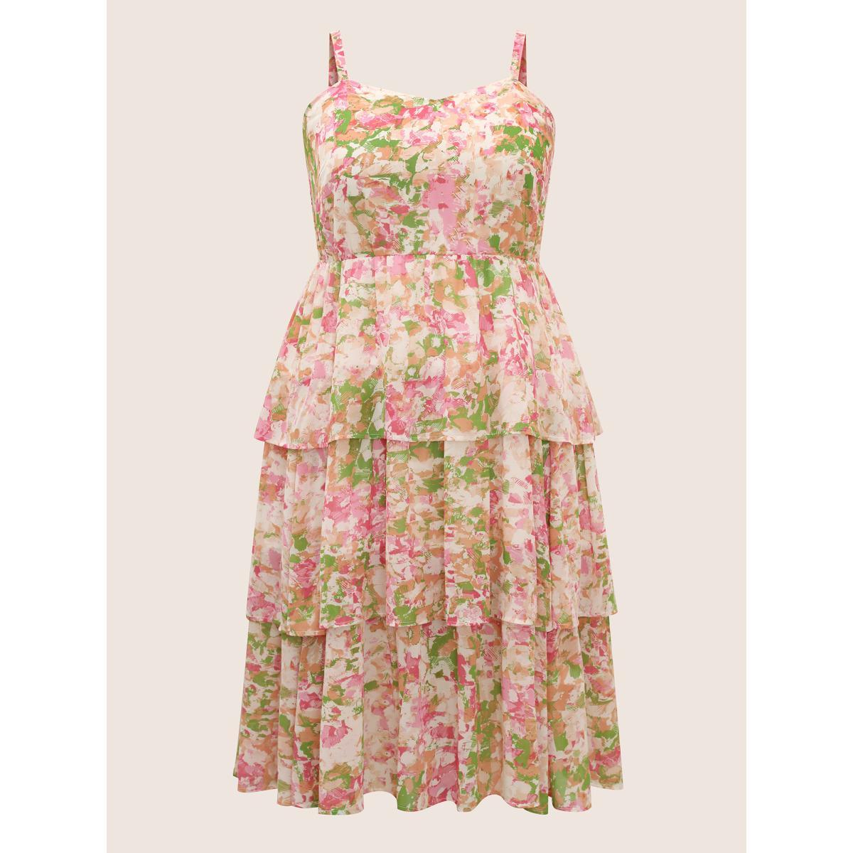 Plus Size Chiffon Floral Shirred Ruffle Layered Hem Dress Multicolor Women Elegant Shirred Non Sleeveless Curvy BloomChic 26/4X Product Image