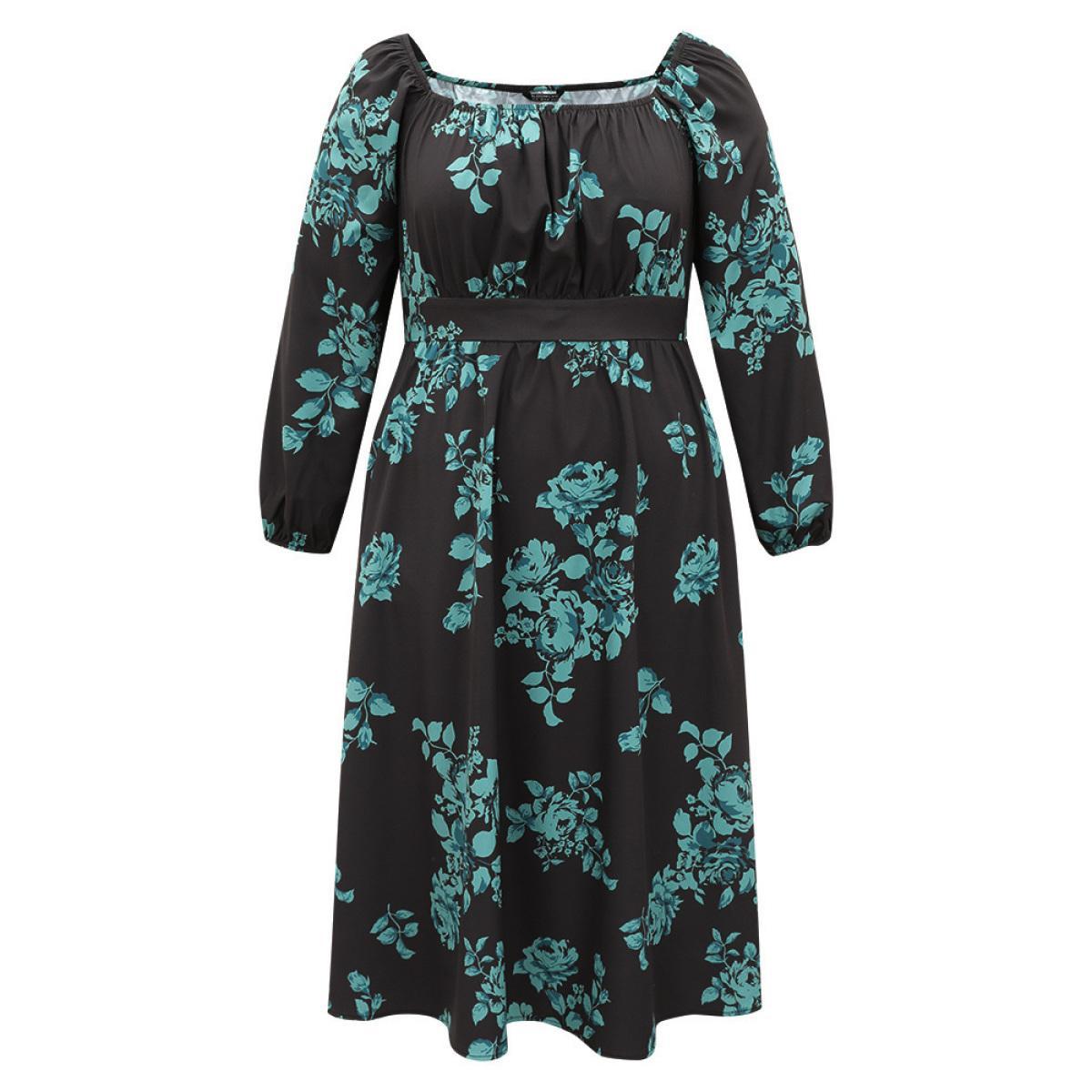 Plus Size Silhouette Floral Print Square Neck Gathered Dress Black Women Elegant Elastic cuffs Square Neck Long Sleeve Curvy Midi Dress BloomChic 10/M Product Image