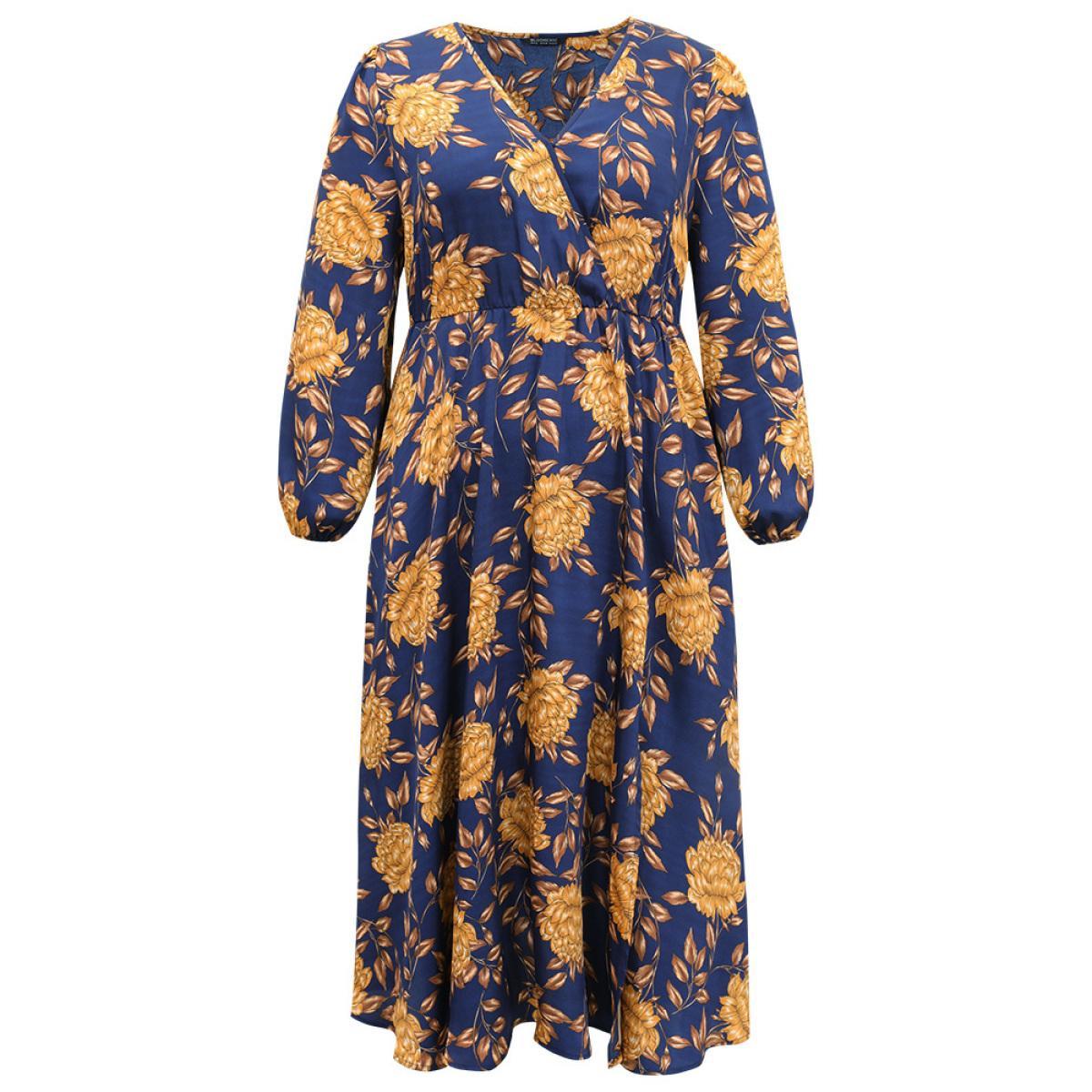 Plus Size Floral Elastic Waist Wrap Split Hem Dress DarkBlue Women Elegant Elastic cuffs Overlap Collar Long Sleeve Curvy Midi Dress BloomChic 18-20/2X Product Image