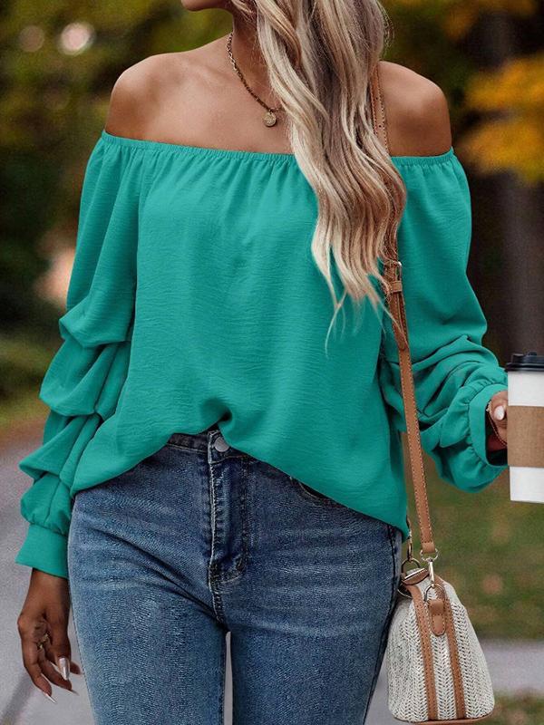 Long Sleeves Loose Elasticity Pleated Solid Color Off-The-Shoulder Blouses&Shirts Tops Product Image