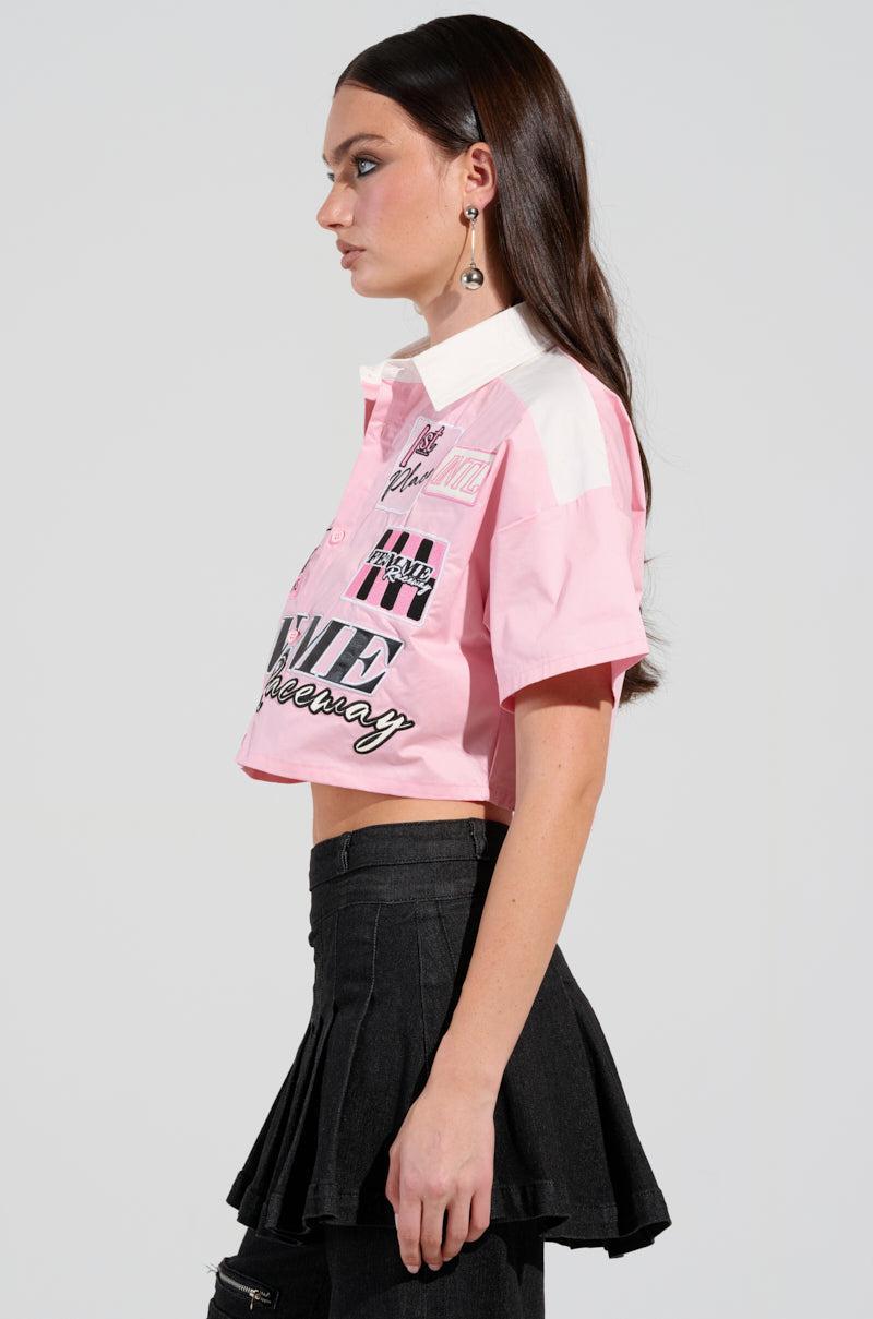 FEMME RACING BUTTON DOWN POPLIN SHIRT IN PINK Product Image