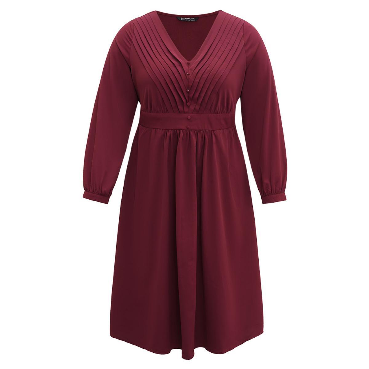 Plus Size Twill Pleated Beaded Long Sleeve Dress DarkBlue Women Elegant Plain V-neck Long Sleeve Curvy Midi Dress BloomChic 22-24/3X Product Image