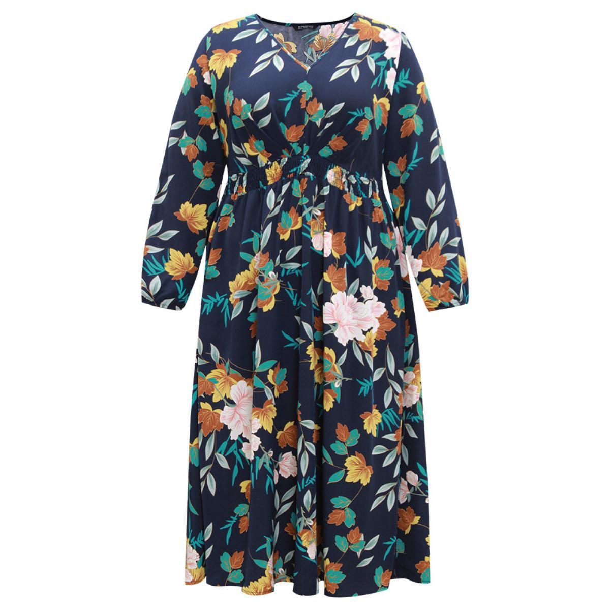 Plus Size Floral Print Shirred Lantern Sleeve Dress DarkBlue Women Elegant Elastic cuffs V-neck Long Sleeve Curvy Midi Dress BloomChic 28/5X Product Image