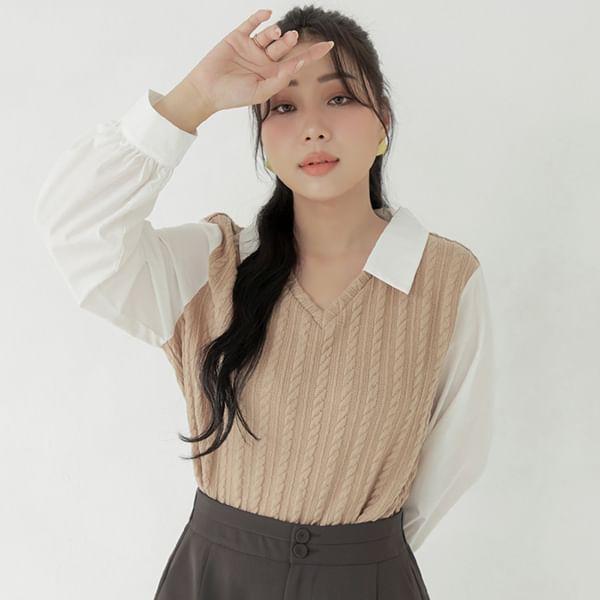 [L-3XL] Long Sleeve V-Neck Mock Two Piece Cable Knit Top Product Image