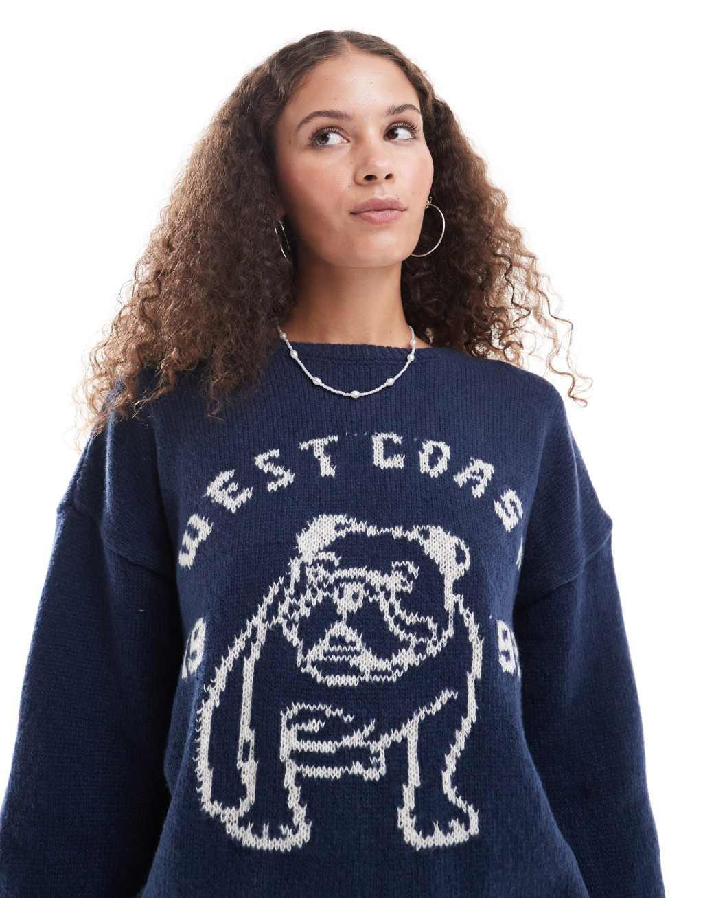 Daisy Street relaxed knit sweater with bulldog intarsia Product Image