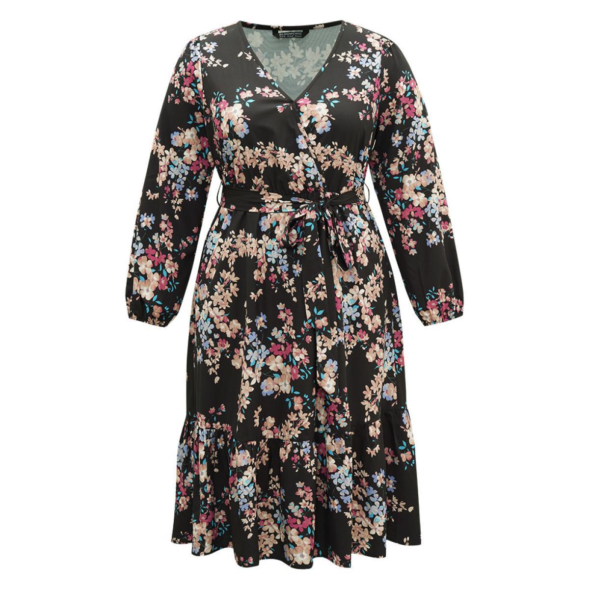 Plus Size Floral Print Overlap Collar Elastic Cuffs Dress Black Women Elegant Elastic cuffs Overlap Collar Long Sleeve Curvy Midi Dress BloomChic 12/L Product Image
