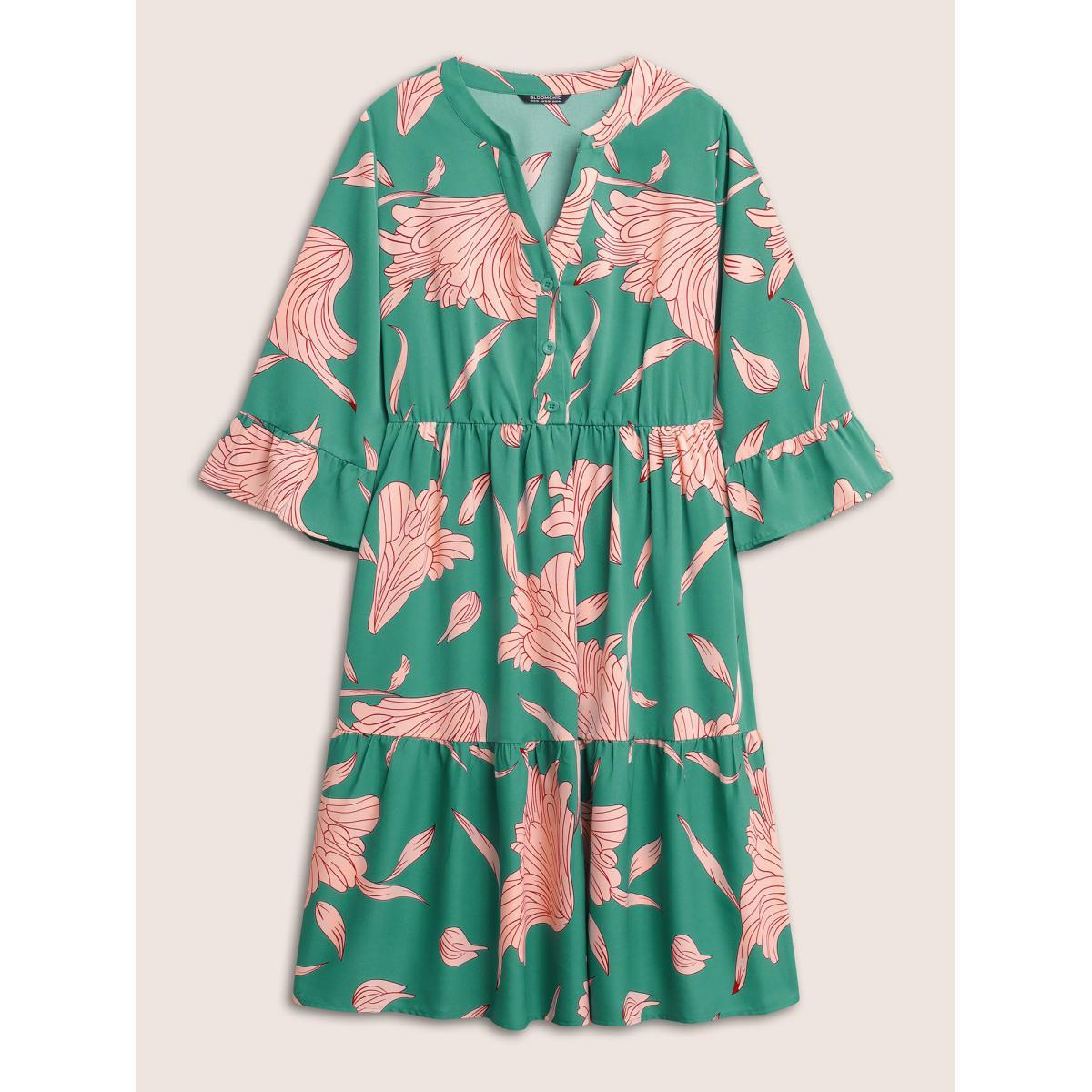 Plus Size Floral Notched Button Up Patchwork Ruffles Dress Green Women Elegant Non Notched collar Elbow-length sleeve Curvy Midi Dress BloomChic 26/4X Product Image