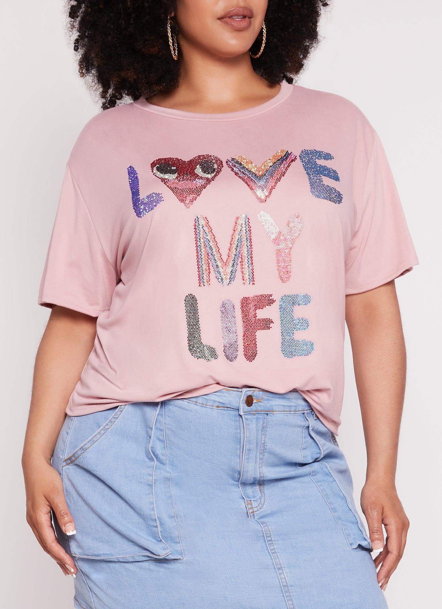 Womens Plus Size Rhinestone Love My Life T Shirt Product Image