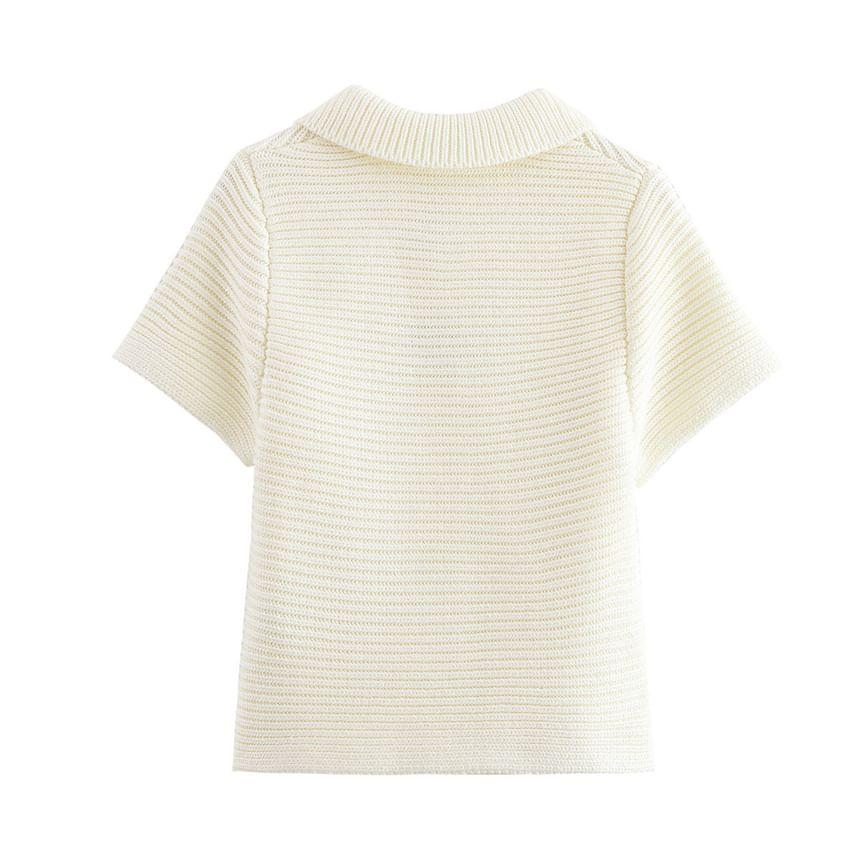 Short Sleeve Collared Plain Button Ribbed Knit Top Product Image