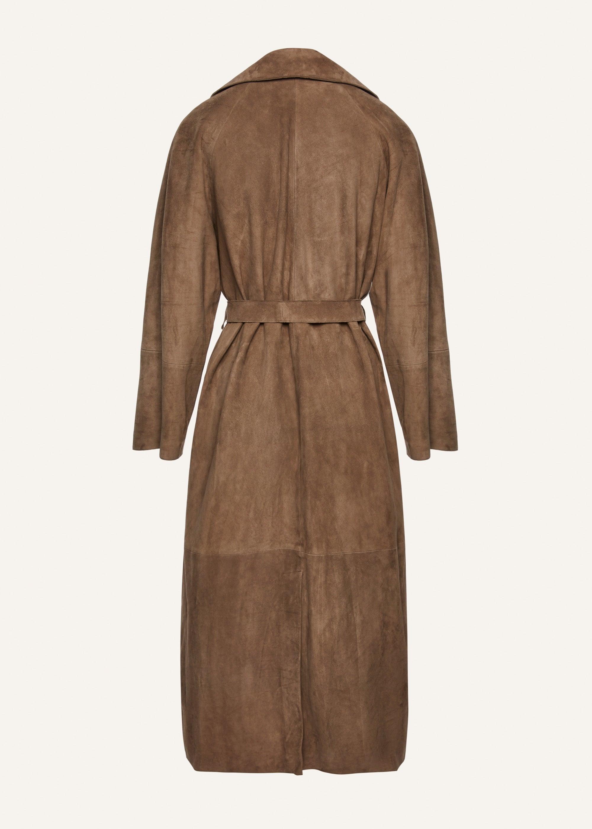 Belted leather wrap coat in beige suede Product Image