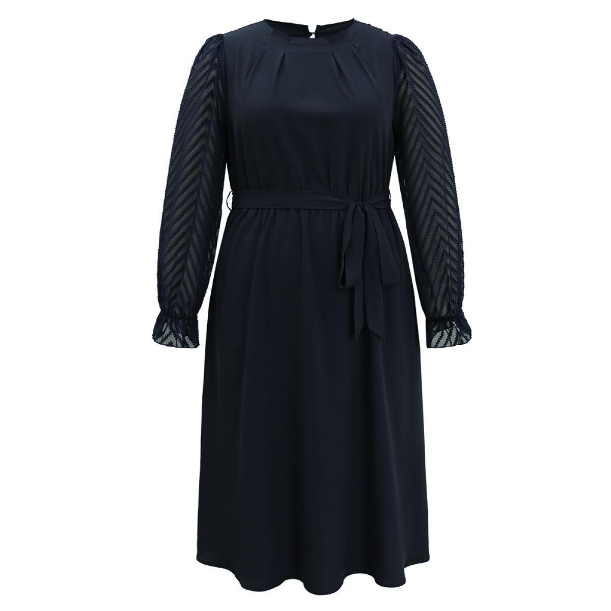 Plus Size Twill Mesh Patchwork Belted Plicated Detail Dress DarkBlue Women Elegant Texture Mock Neck Long Sleeve Curvy Midi Dress BloomChic 18-20/2X Product Image