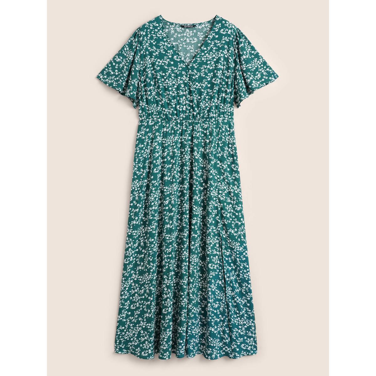 Plus Size Bloom Dress - Flutter Sleeve Ditsy Floral Pocket Split Maxi Dress LightGreen Women Romantic Slit V-neck Half Sleeve Curvy Long Dress BloomChic 10/M Product Image