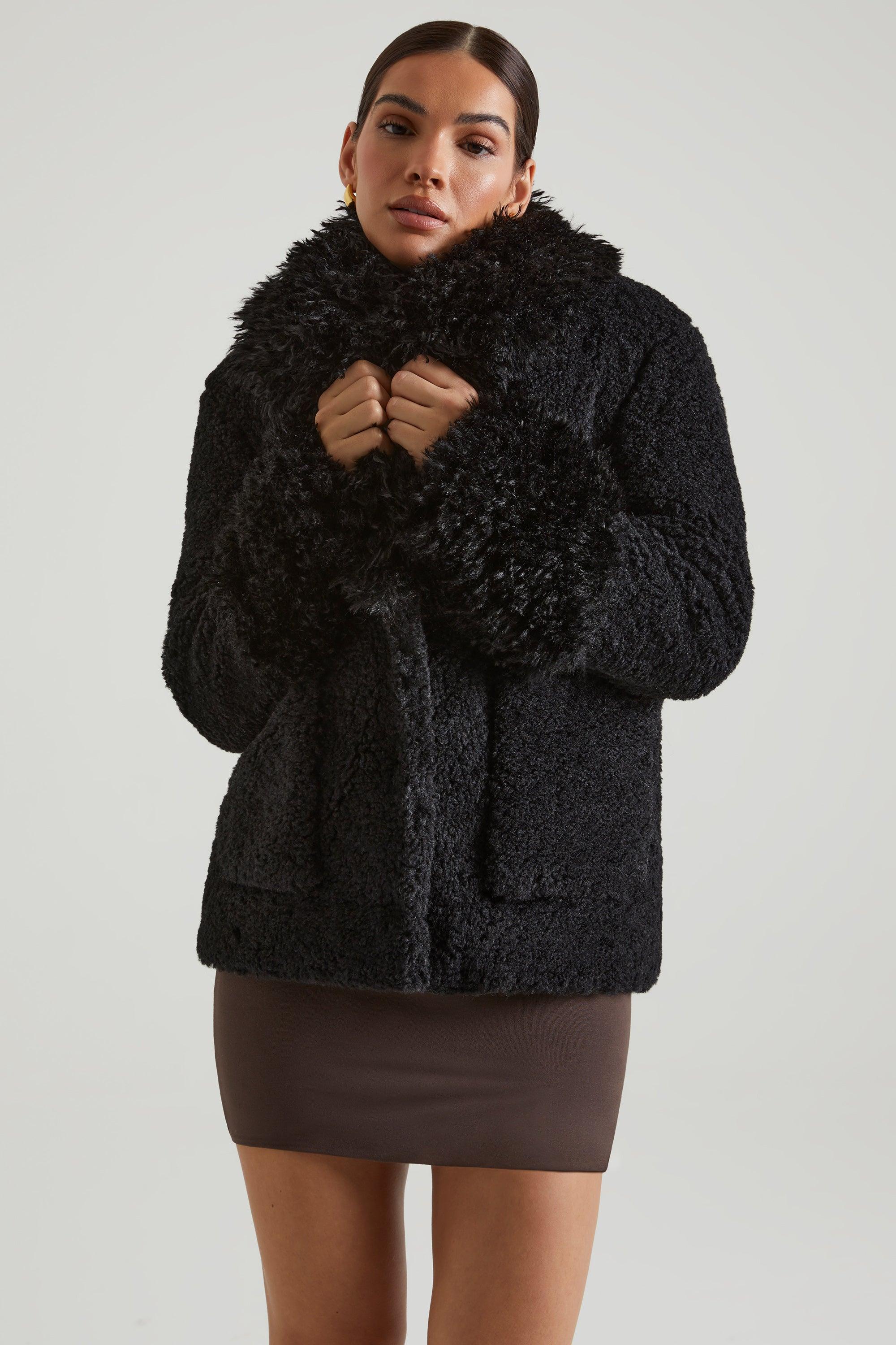 Shearling Coat with Large Front Pockets in Black Product Image