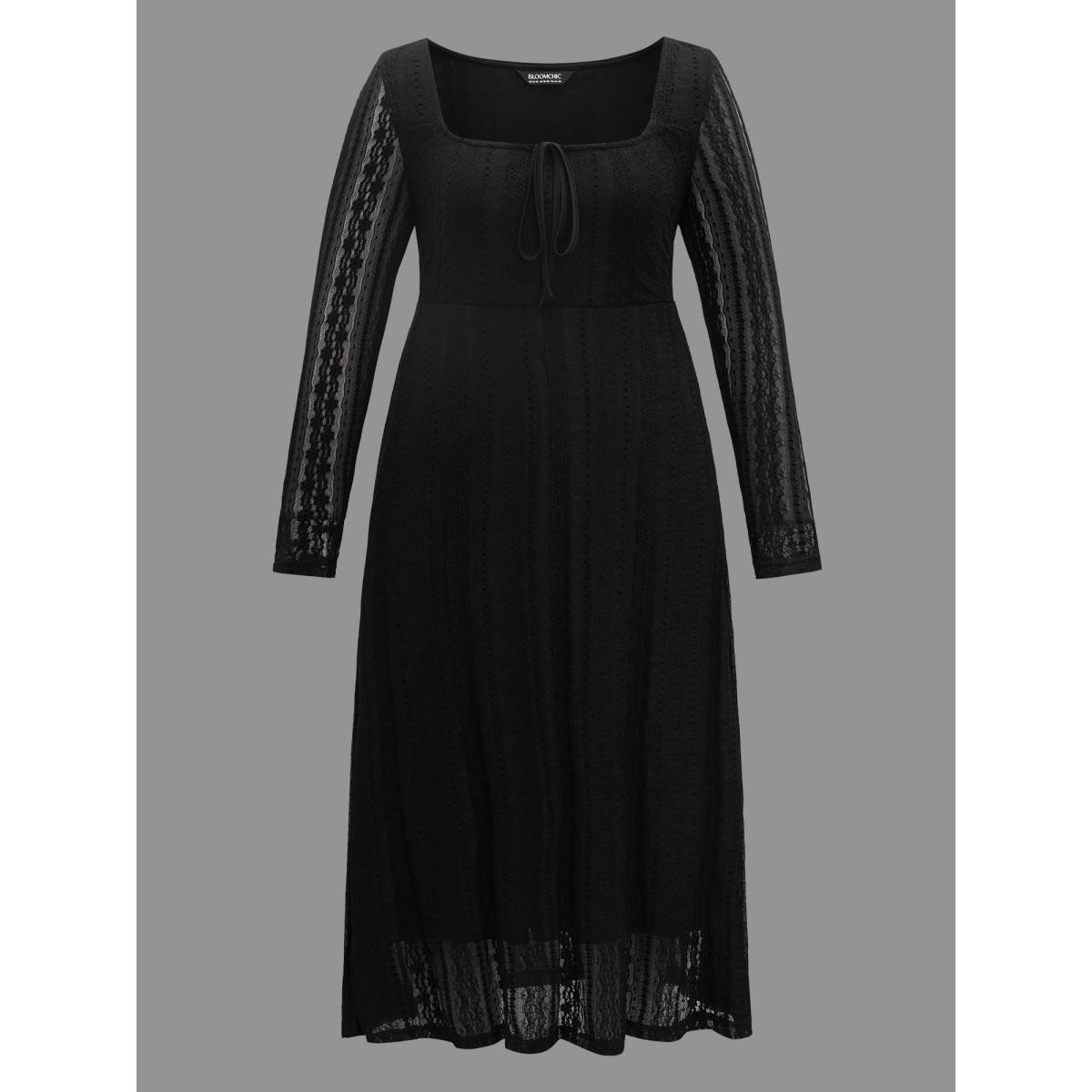 Plus Size Lace Panel Square Neck Tie Knot Dress Black Women Elegant Tie knot Square Neck Long Sleeve Curvy BloomChic 12/L Product Image
