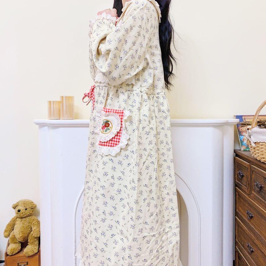 Long-Sleeve Collar Floral Embroidered Bow Midi A-Line Dress Product Image