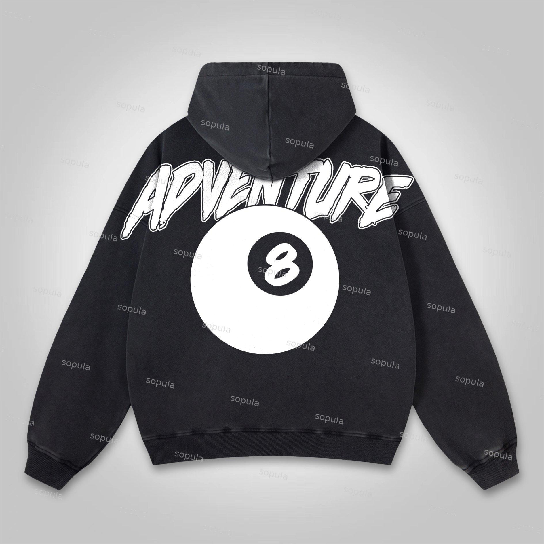 Sopula Vintage Black 8 Print Graphics Washed Distressed Hoodie Product Image