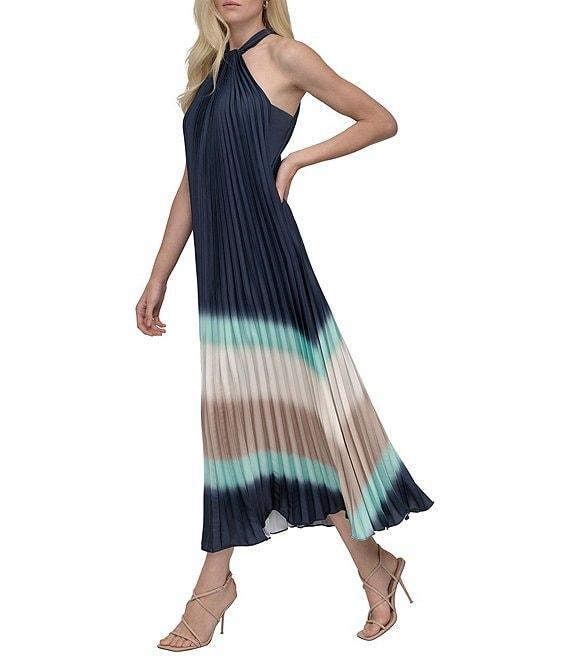 DKNY by Donna Karan Pleated Charmeuse Ombre Print Halter Neck Sleeveless Sheath Midi Dress Product Image