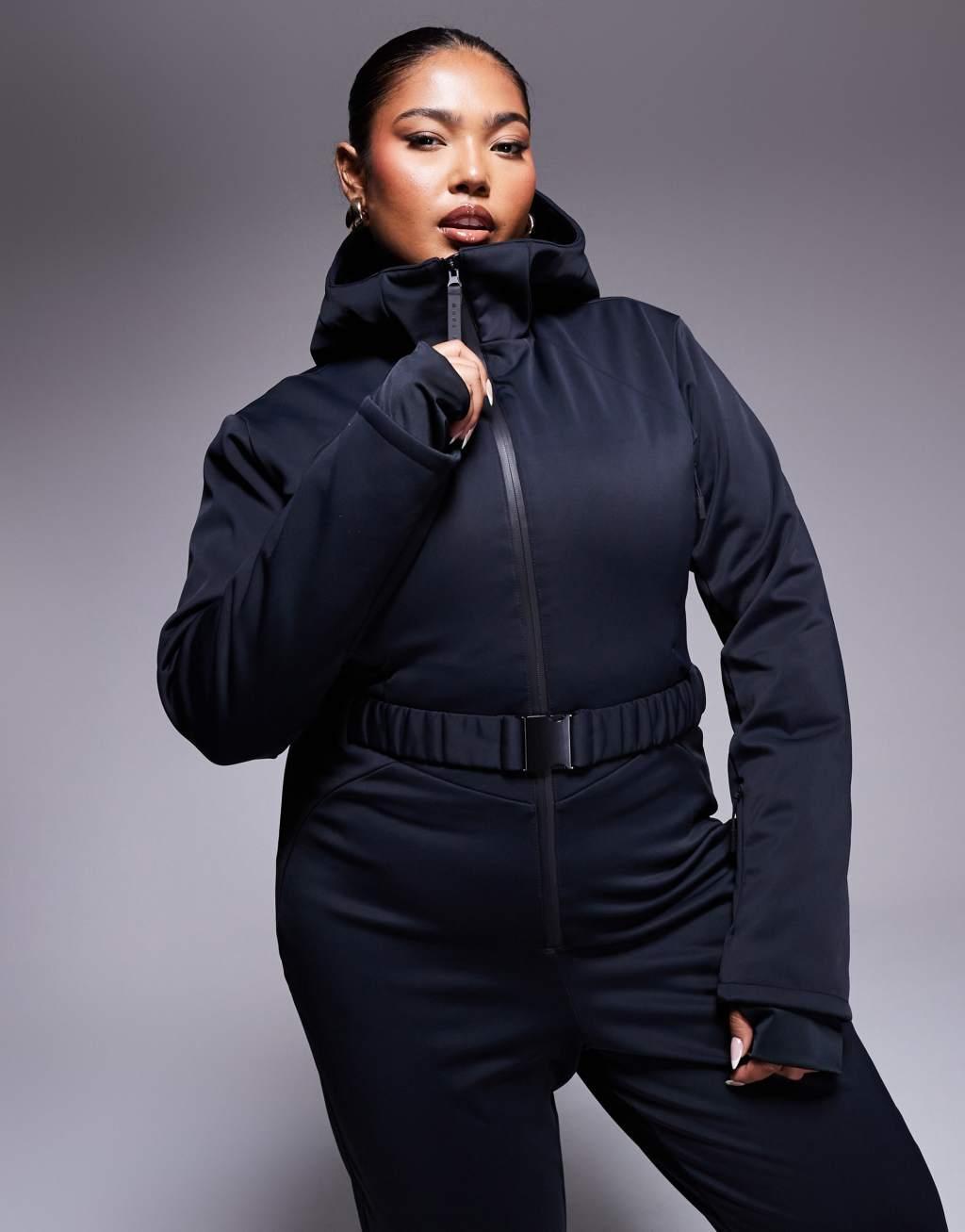 ASOS 4505 Curve belted ski suit with skinny leg and hood in black Product Image