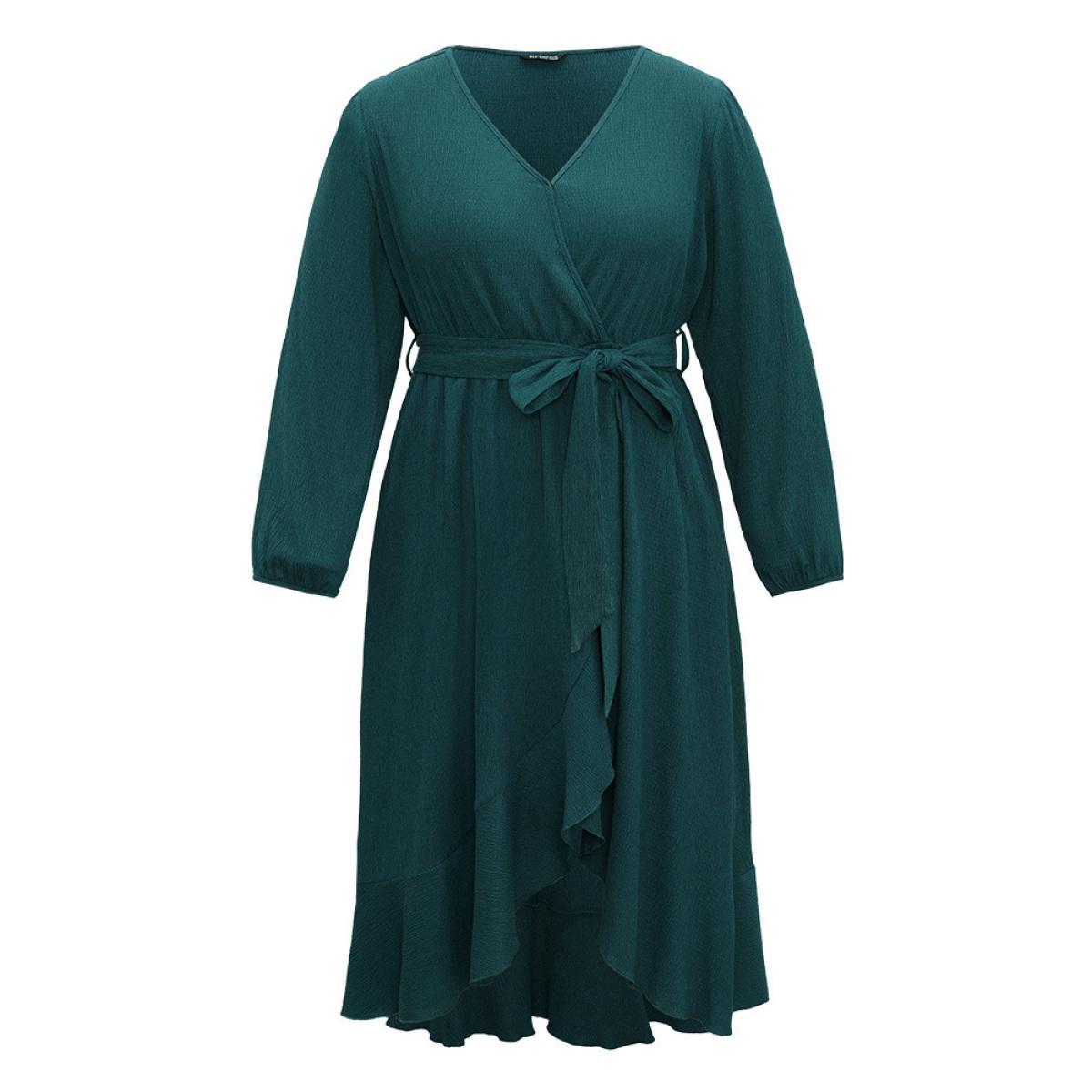 Plus Size Plain Texture Belted Wrap Arc Hem Lantern Sleeve Dress Aegean Women Glamour Elastic cuffs V-neck Long Sleeve Curvy Midi Dress BloomChic 12/L Product Image