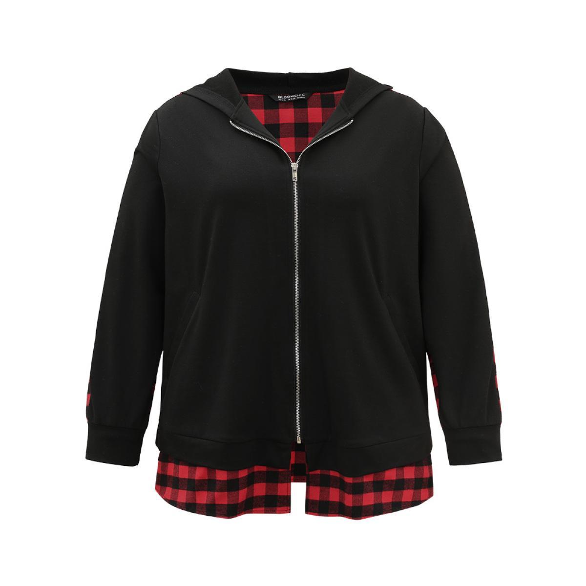 Plus Size Plaid Patchwork Zipper Hooded Asymmetrical Hem Jacket Women Black Contrast Pocket Dailywear Jackets BloomChic 18-20/2X Product Image