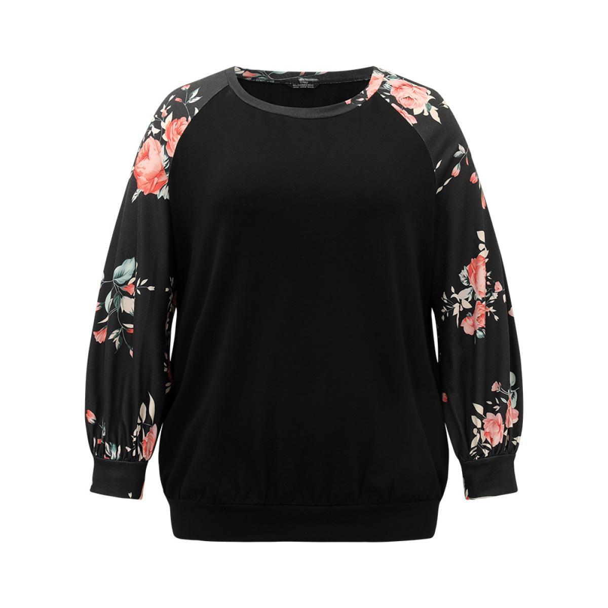 Plus Size Floral Print Raglan Sleeve Patchwork Sweatshirt Women Black Elegant Printed Round Neck Everyday Sweatshirts BloomChic 22-24/3X Product Image