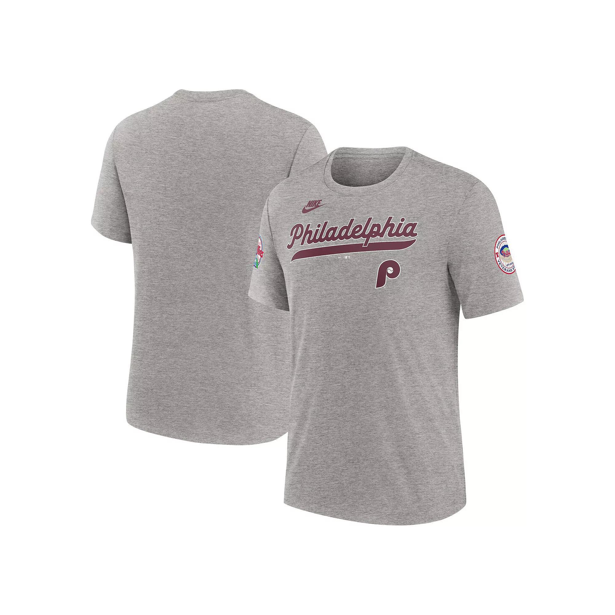 Men's Nike Heather Gray Philadelphia Phillies Cooperstown Collection Eras Tri-Blend T-Shirt,  Product Image