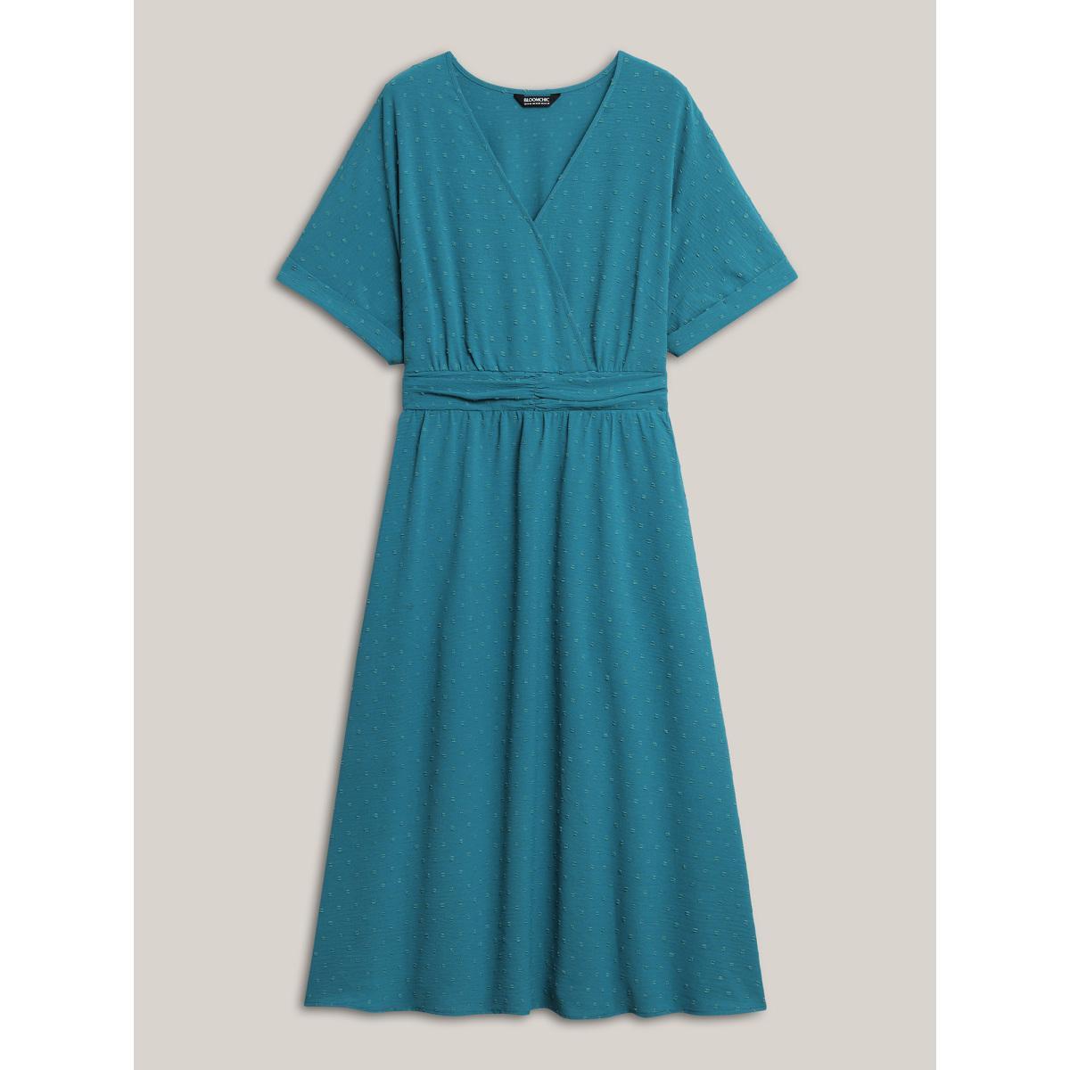 Plus Size Textured Stretchy Pleated Waist Midi Dress Aegean Women Overlap Collar Short sleeve Curvy BloomChic 30/6X Product Image