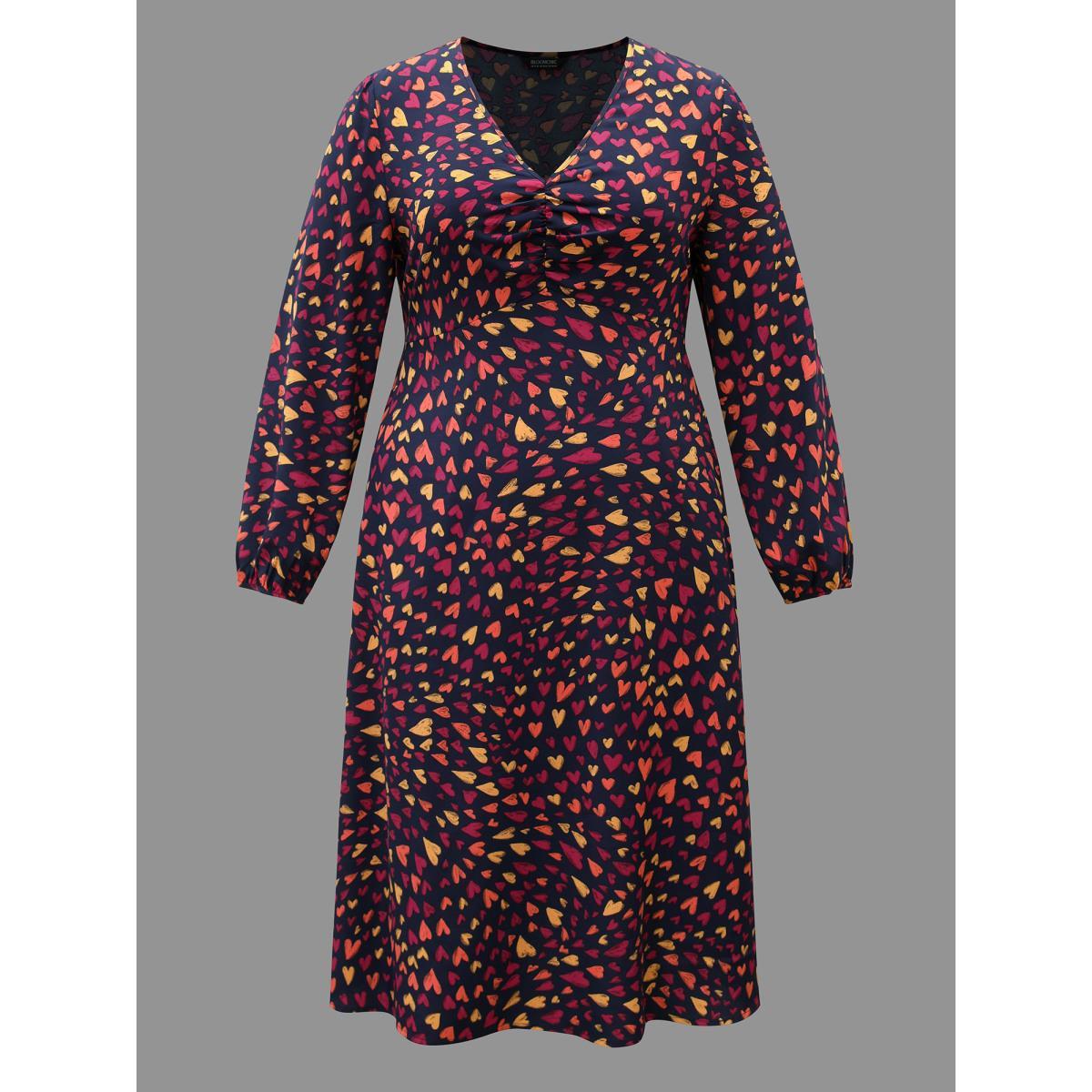 Plus Size Multi-Color Hearts Pattern Stretchy Waist Dress Indigo Women Elegant Gathered V-neck Long Sleeve Curvy BloomChic 18-20/2X Product Image