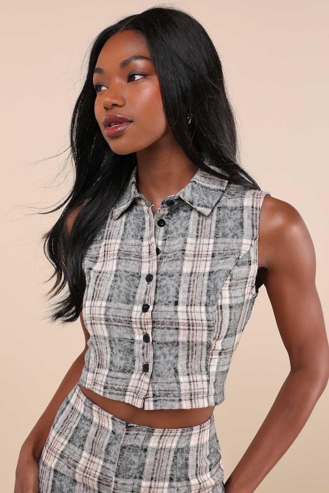 Convincingly Posh Grey Faded Plaid Button-Up Collared Crop Top Product Image