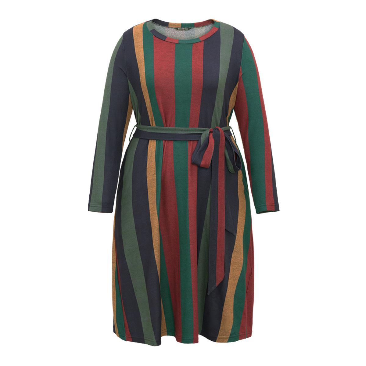 Plus Size Colored Striped Pocket Belted Long Sleeve Dress Multicolor Women Casual Belted Round Neck Long Sleeve Curvy Midi Dress BloomChic 26/4X Product Image
