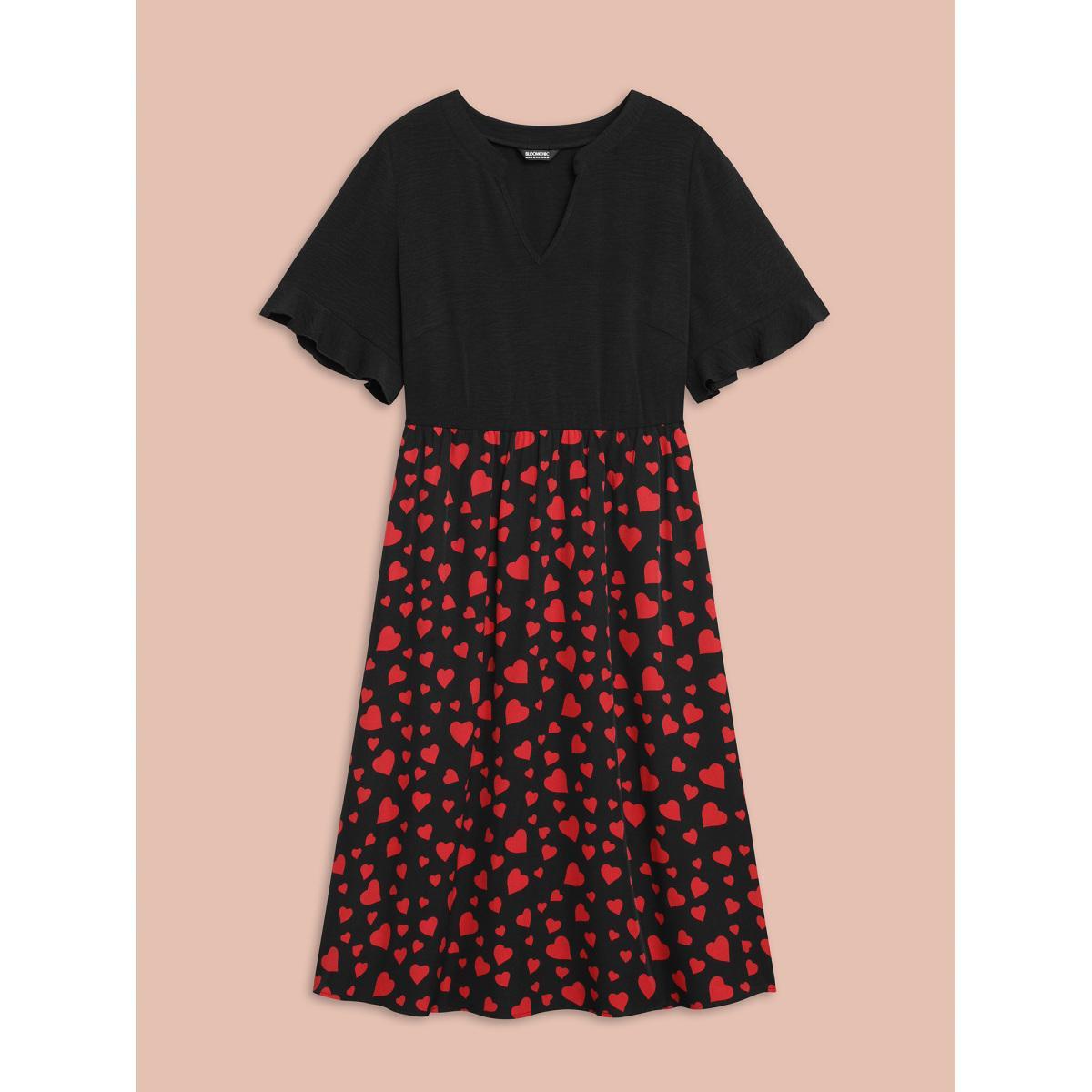 Plus Size Contrast Heart Pattern Notched Collar Dress Black Women Elegant Patchwork Notched collar Short sleeve Curvy BloomChic 12/L Product Image