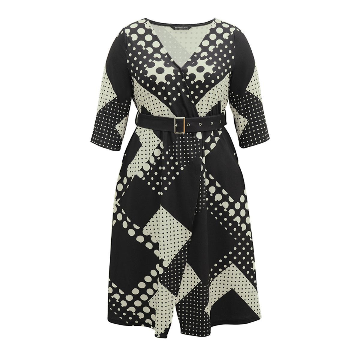 Plus Size Polka Dot Geometric print Belted Wrap Dress Black Women At the Office Wrap Overlap Collar Elbow-length sleeve Curvy Midi Dress BloomChic 18-20/2X Product Image