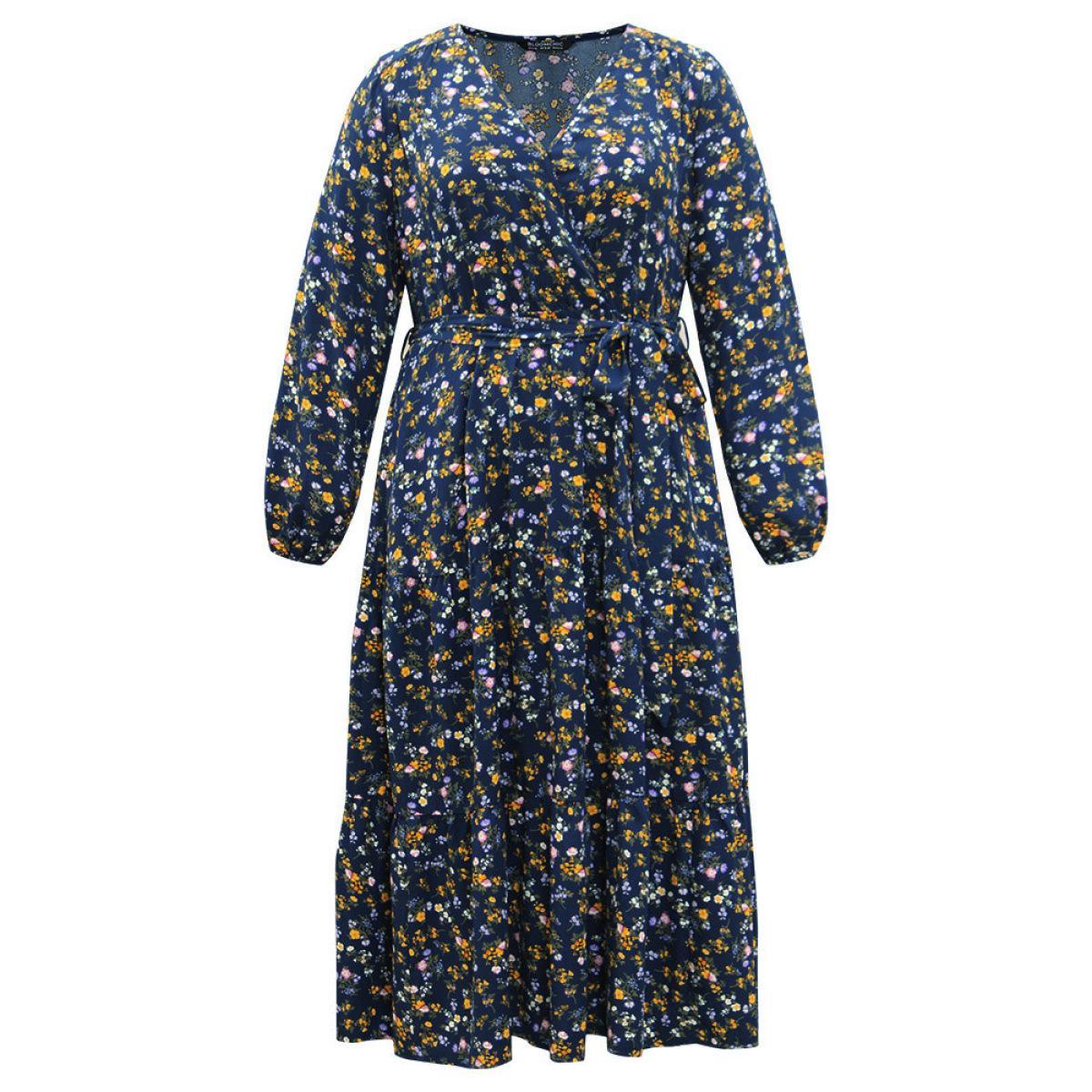 Plus Size Ditsy Floral Elastic Cuffs Surplice Neck Dress DarkBlue Women Elegant Elastic cuffs Overlap Collar Long Sleeve Curvy Midi Dress BloomChic 10/M Product Image