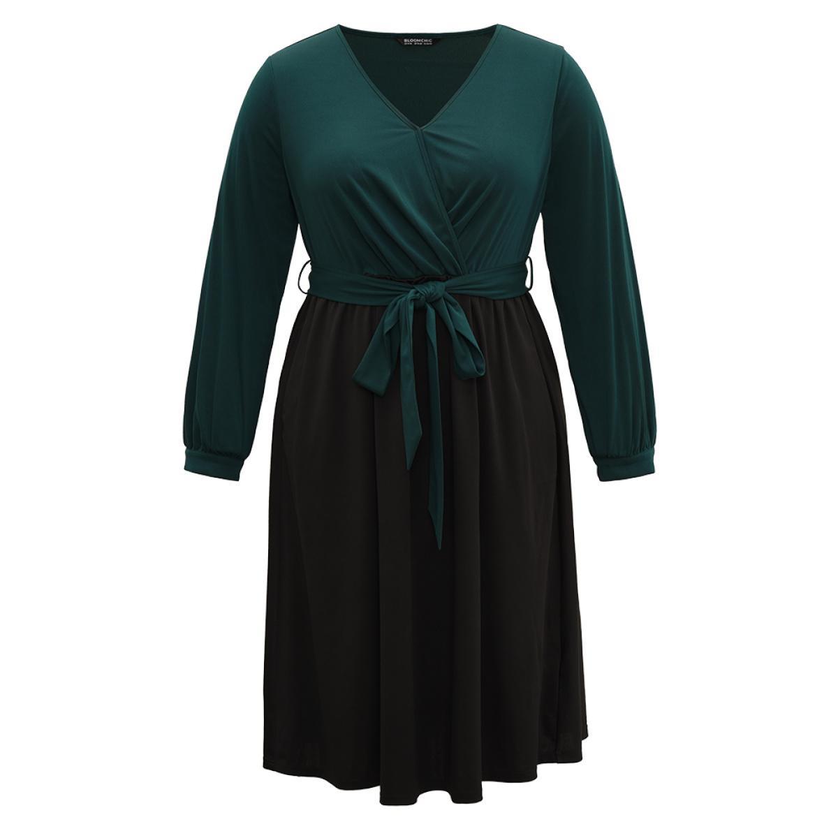 Plus Size Contrast Patchwork Bowknot Overlap Collar Dress DarkGreen Women Elegant Belted V-neck Long Sleeve Curvy Midi Dress BloomChic 14-16/1X Product Image