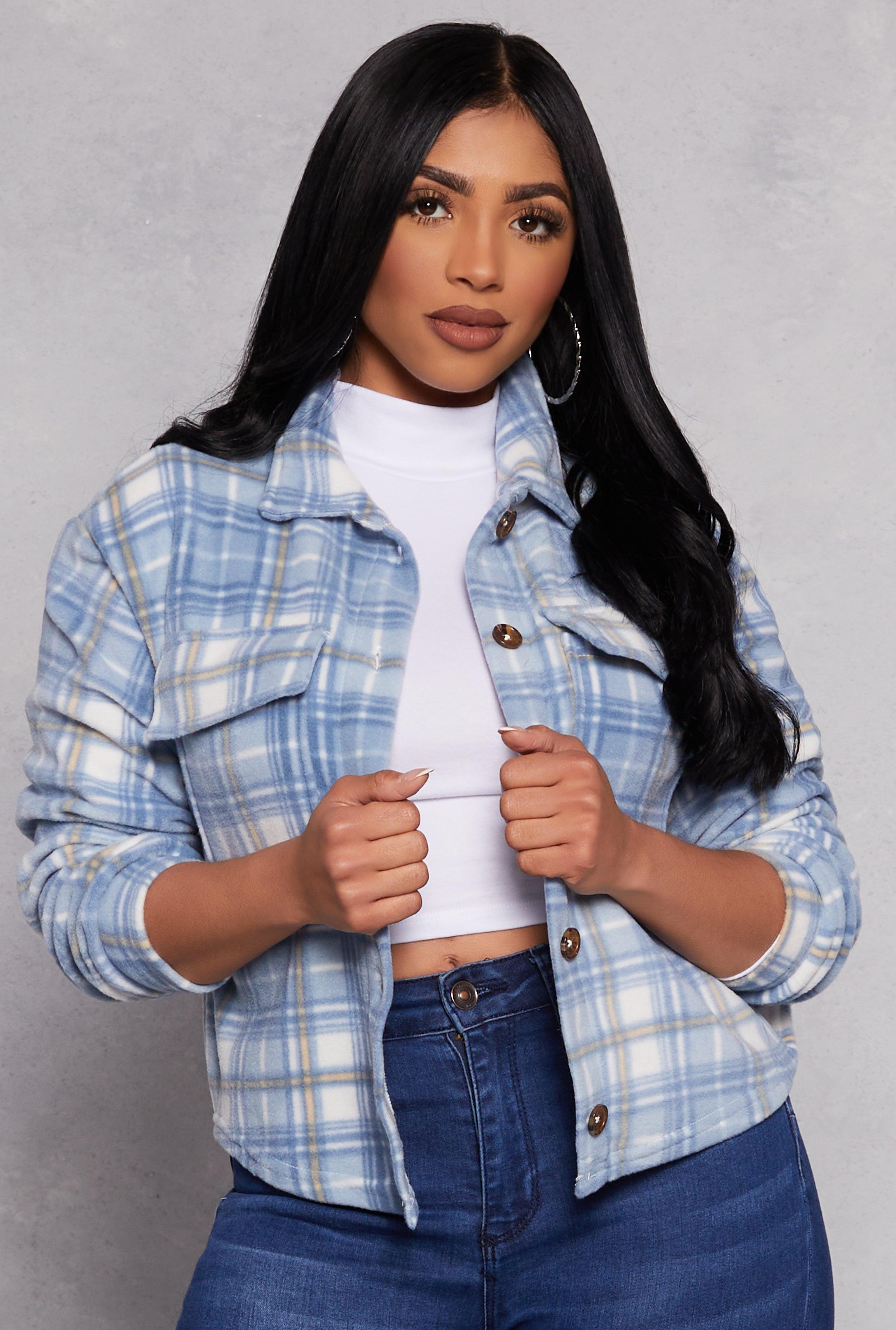 Womens Fleece Plaid Button Front Shacket Product Image