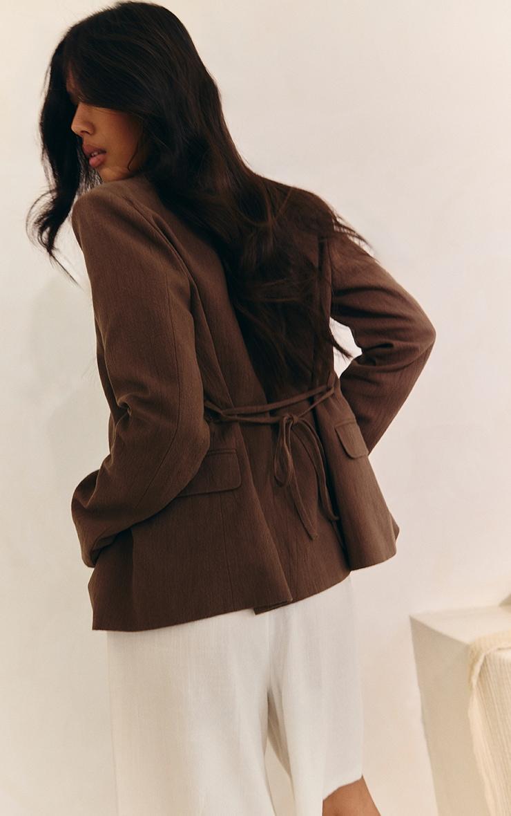  Mocha Linen Look Tie Waist Blazer Product Image