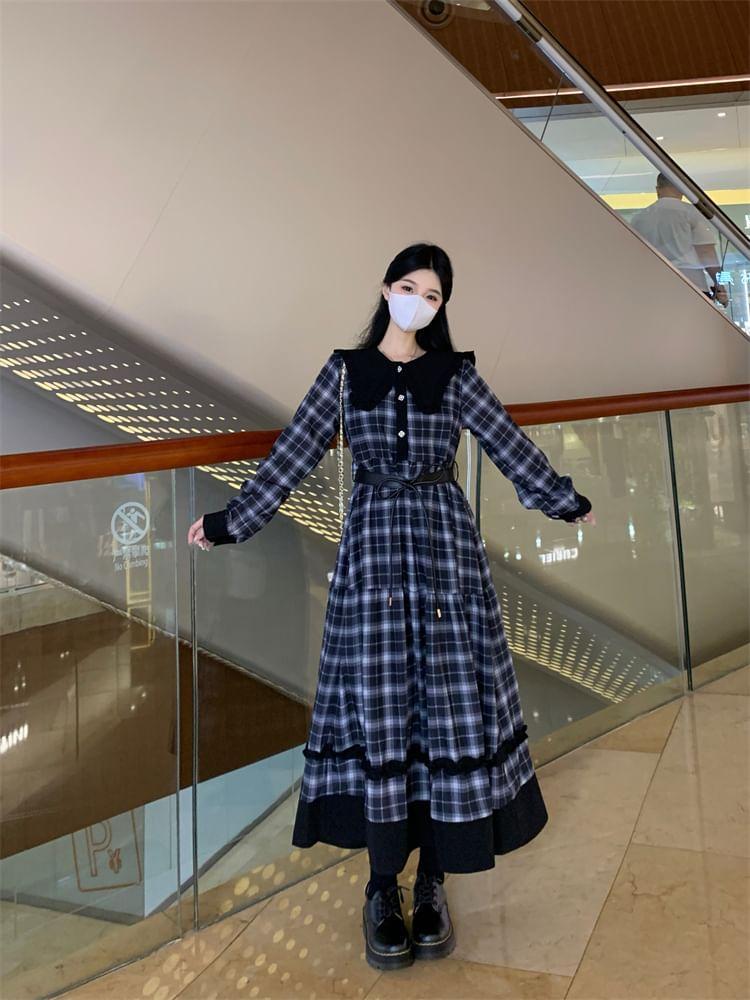 Set: Long-Sleeve Collar Plaid Midi A-Line Dress + Belt Product Image