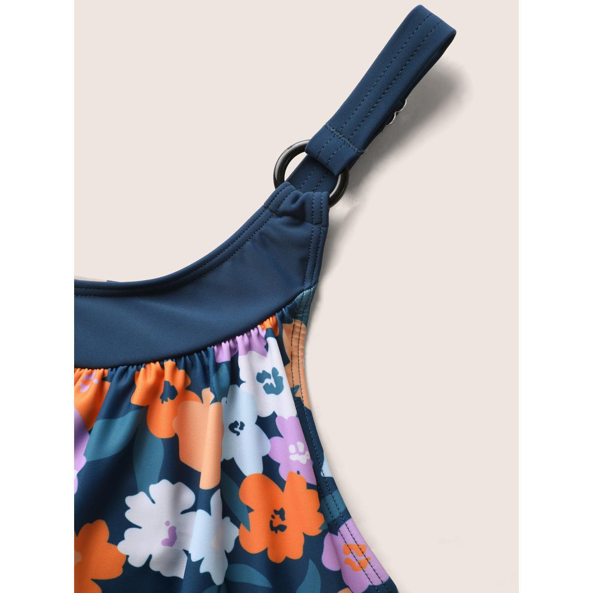 Plus Size Floral Patchwork Round Buckle Detail Swim Top Women's Swimwear Indigo Beach Contrast High stretch Bodycon Heart neckline Curve Swim Tops BloomChic 18-20/2X Product Image