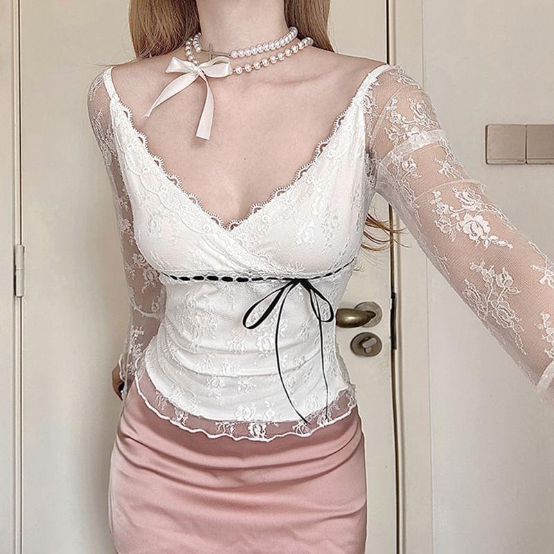 Long-Sleeve V-Neck Lace Panel Top Product Image