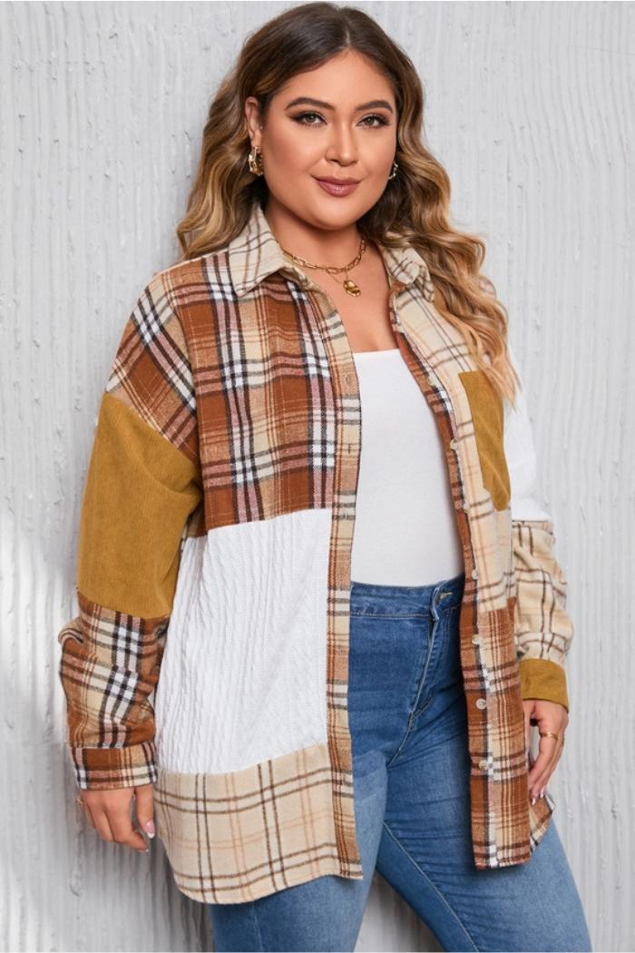 Plaid Color Block Patchwork Shirt Jacket with Pocket Product Image