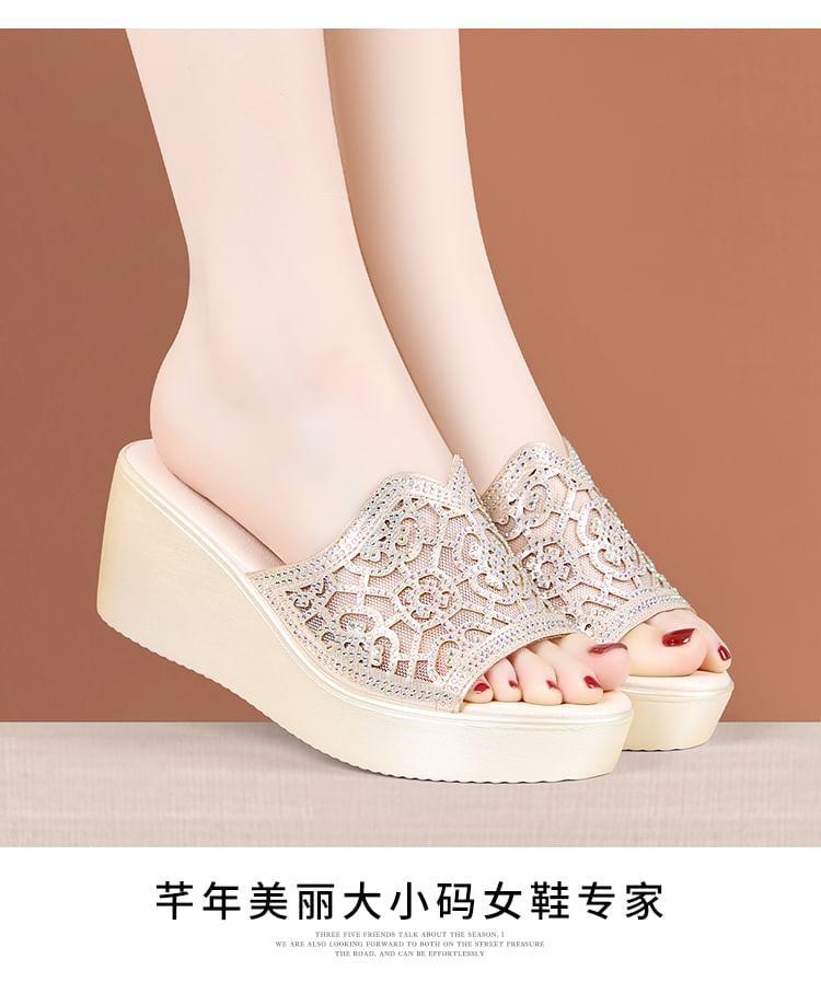 Platform Rhinestone Cutout Slide Sandals Product Image
