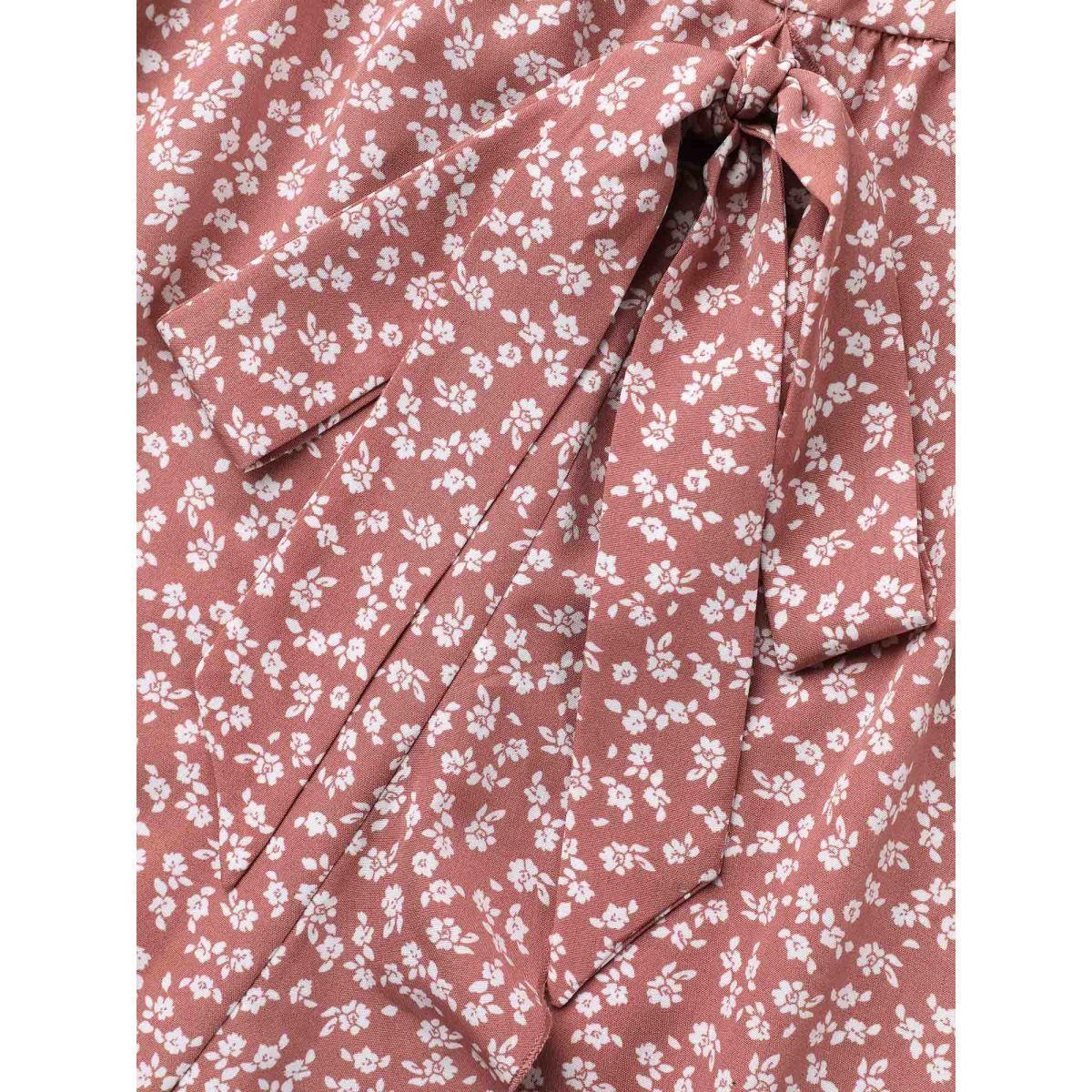 Plus Size Ditsy Floral Print Stretchy-Waist Ruffle Midi Dress DustyPink Women Elegant Overlapping Overlap Collar Short sleeve Curvy BloomChic 26/4X Product Image