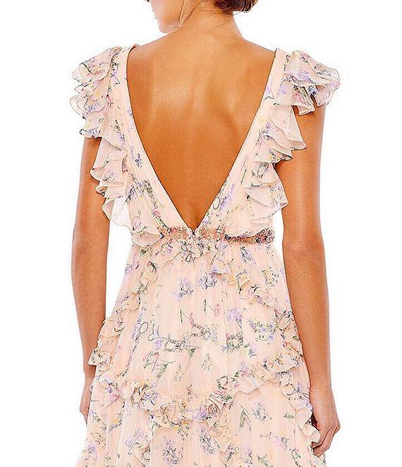 Mac Duggal Floral Print Tiered Ruffle Hem Deep V-Neck Sleeveless Embellished Waist Open Back Gown Product Image