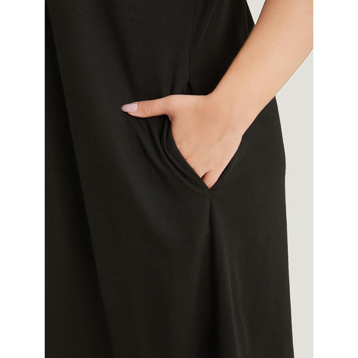 Plus Size Embroidered Pocket Patchwork Tank Midi Dress Black Women Casual Plain Round Neck Sleeveless Curvy Knee Dress BloomChic 10/M Product Image