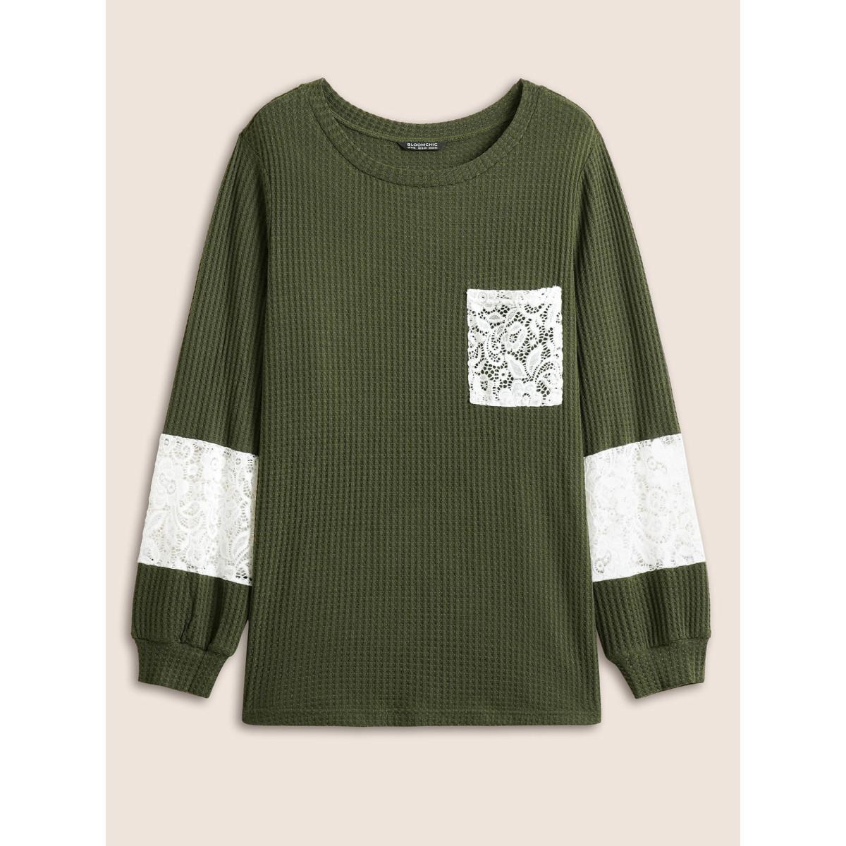 Plus Size Waffle Knit Contrast Lace Patchwork T-shirt ArmyGreen Women Elegant Contrast Plain Round Neck Everyday T-shirts BloomChic 12/L Product Image
