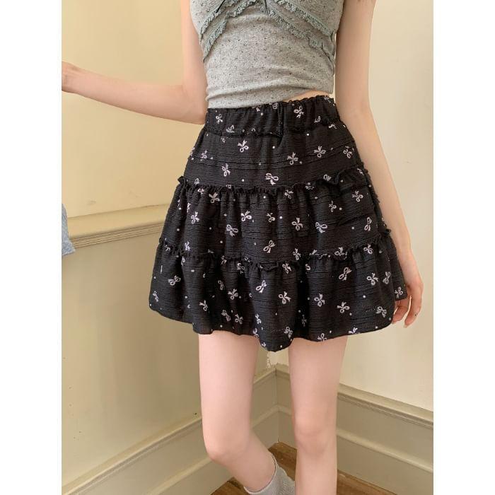 High Rise Bow Print Mini A-Line Skirt Product Image